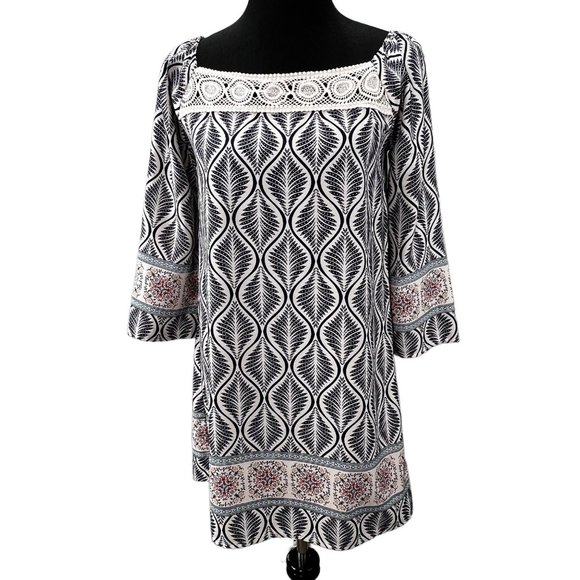 Peppermint Tops - Peppermint Boho Tunic Top size L Blue Cream Lace Trim 3/4 Sleeves Square Neck